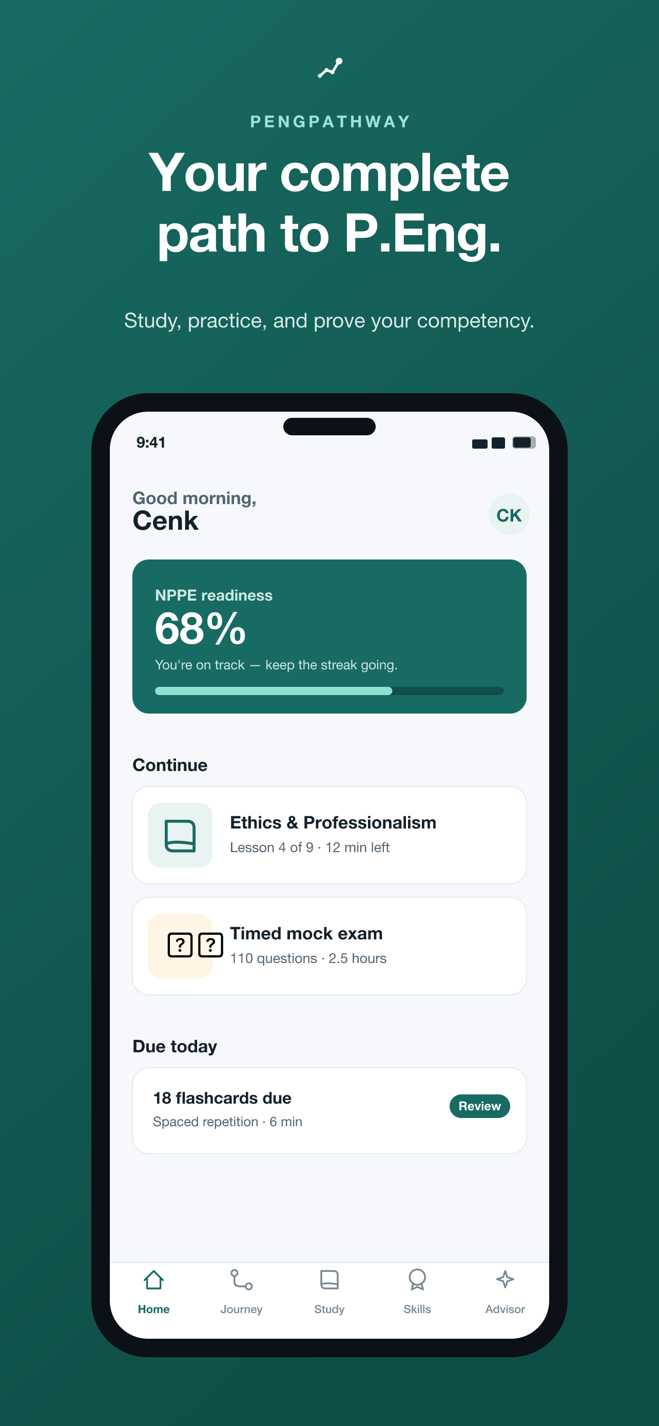 PEngPathway home screen showing NPPE readiness and study progress