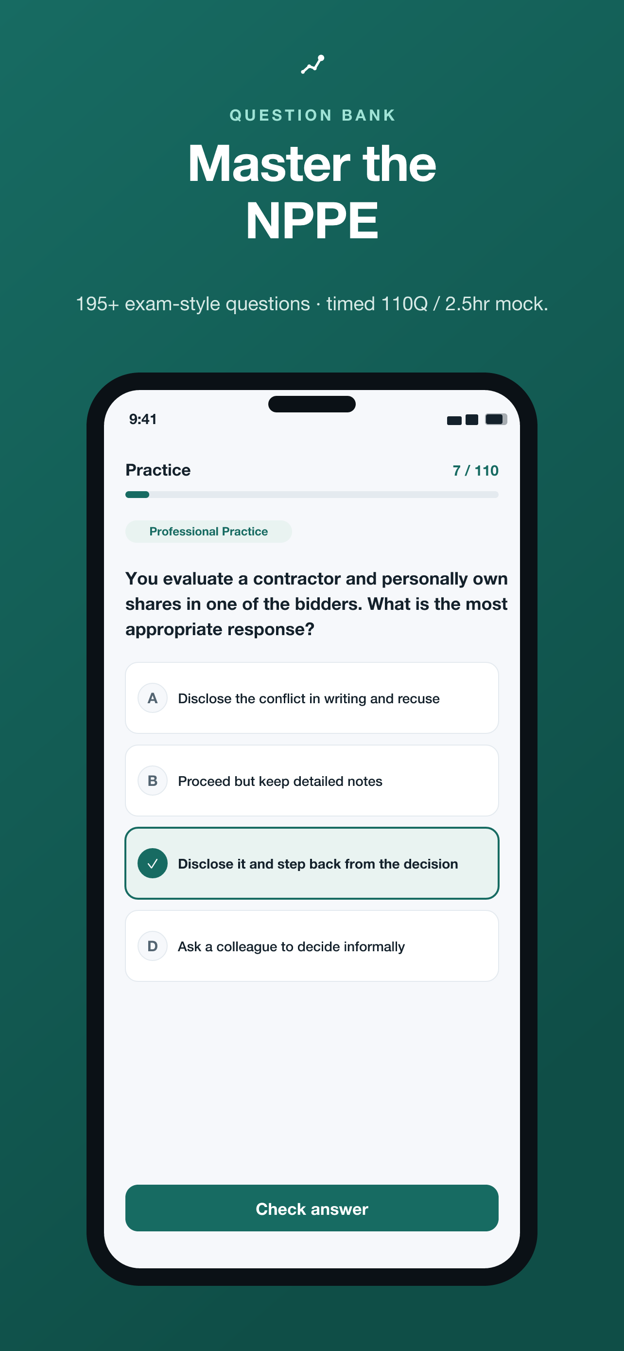 Practice question screen with timer and answer options